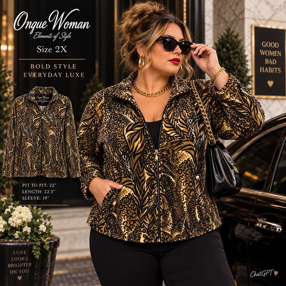 Onque Woman Jacket Women 2X Gold Black Animal Print Mob Wife Glam Zip Y2K Bold